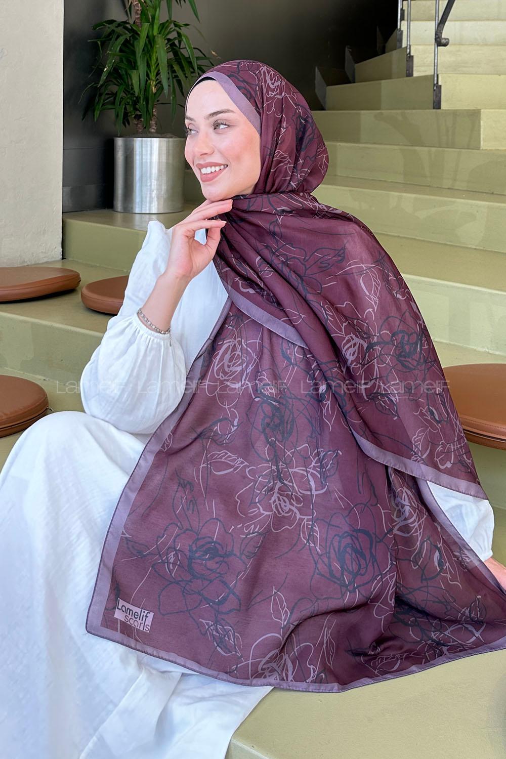 Plum Cotton Striped Flowering Printed Shawl