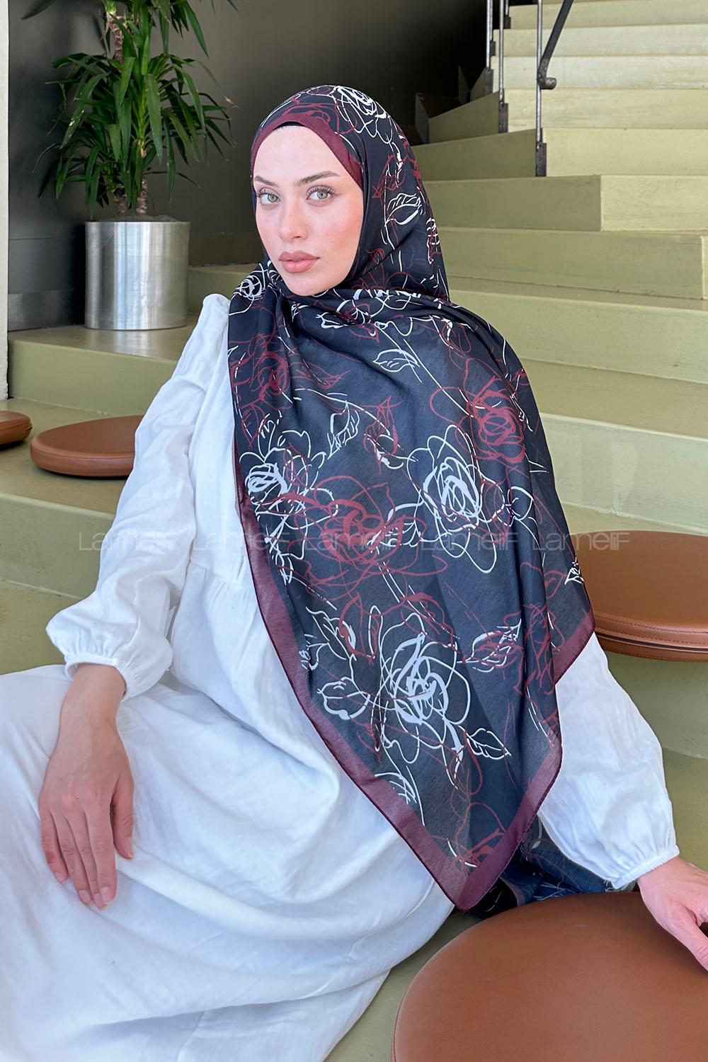 Lamelif Çicek Desen Soft Şal Siyah Bordo