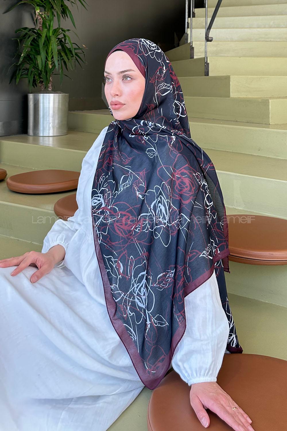 Lamelif Çicek Desen Soft Şal Siyah Bordo