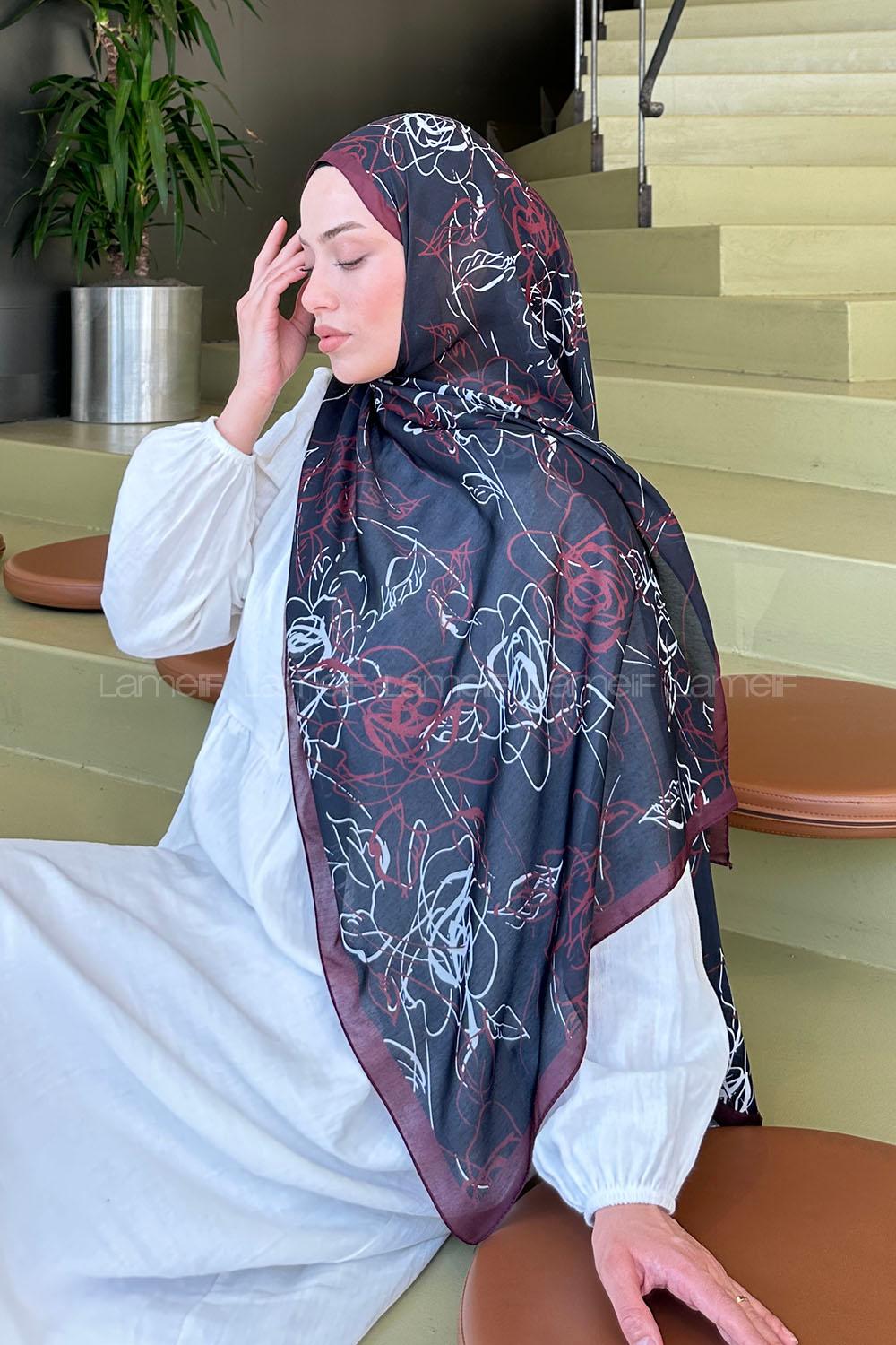 Lamelif Çicek Desen Soft Şal Siyah Bordo