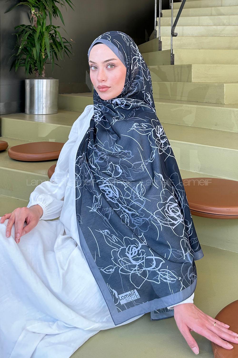 Lamelif Çicek Desen Soft Şal Siyah Füme