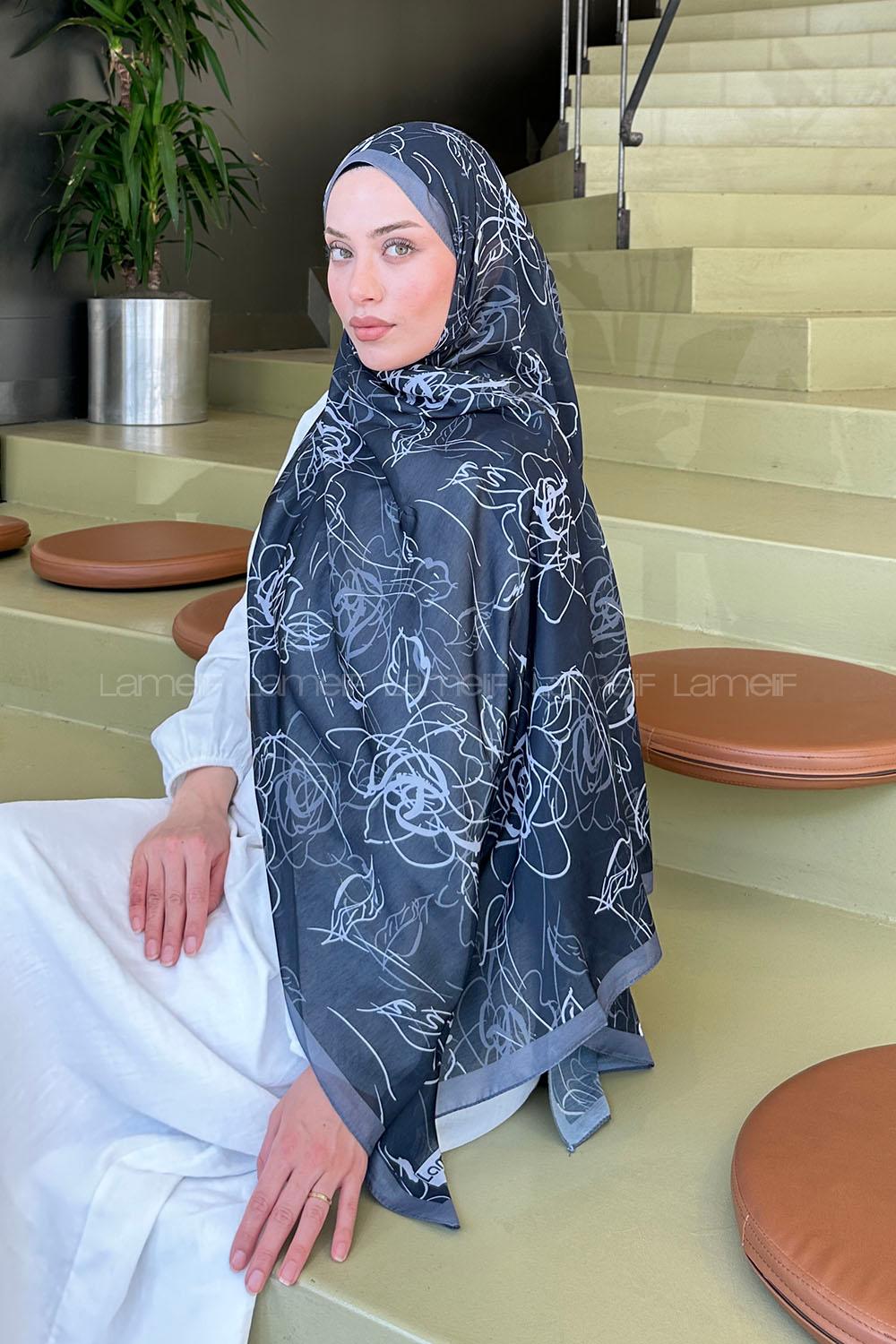 Lamelif Çicek Desen Soft Şal Siyah Füme