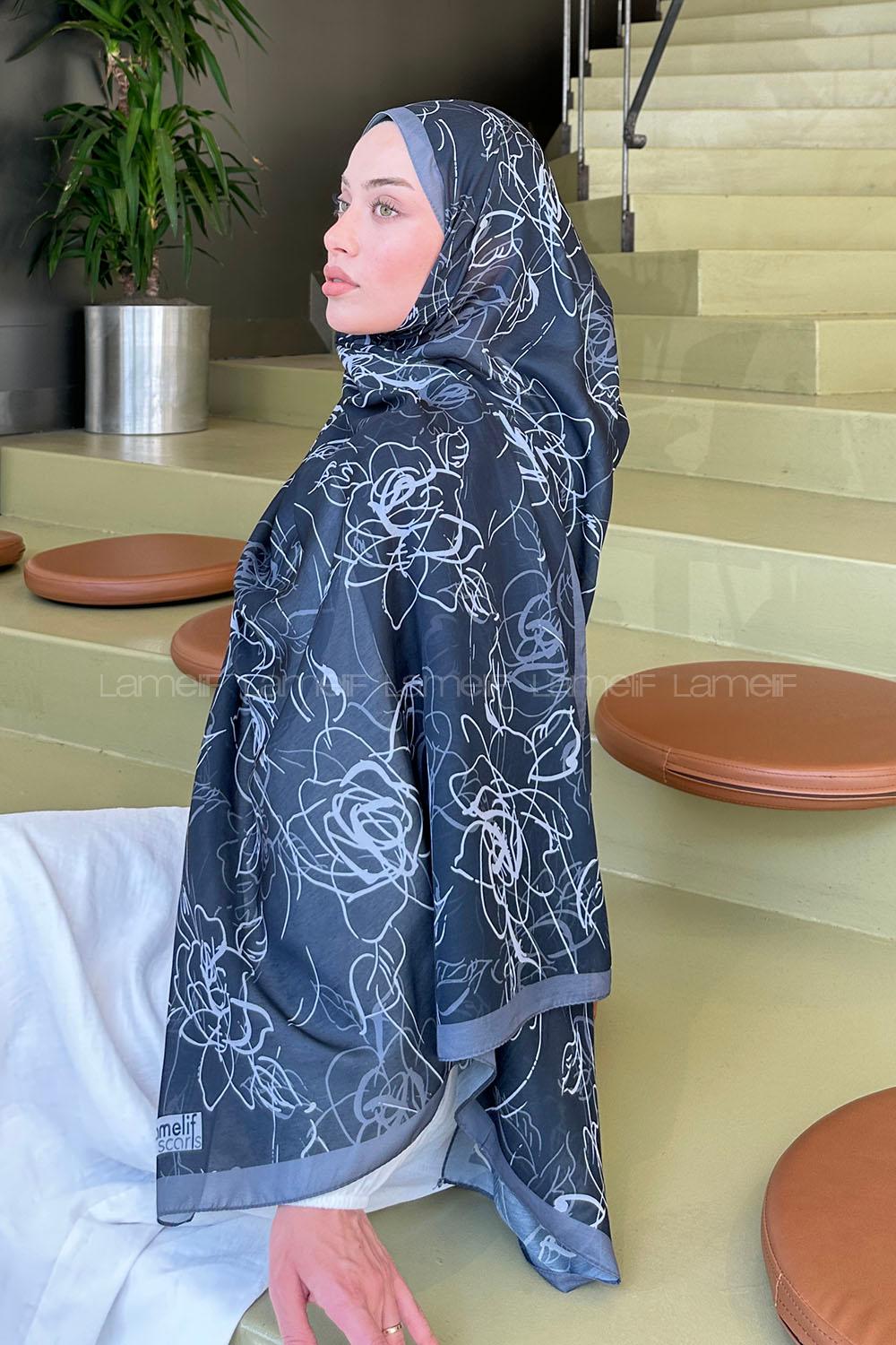 Lamelif Çicek Desen Soft Şal Siyah Füme