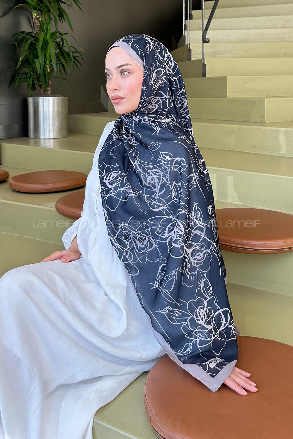 Lamelif Çicek Desen Soft Şal Siyaz Vizon