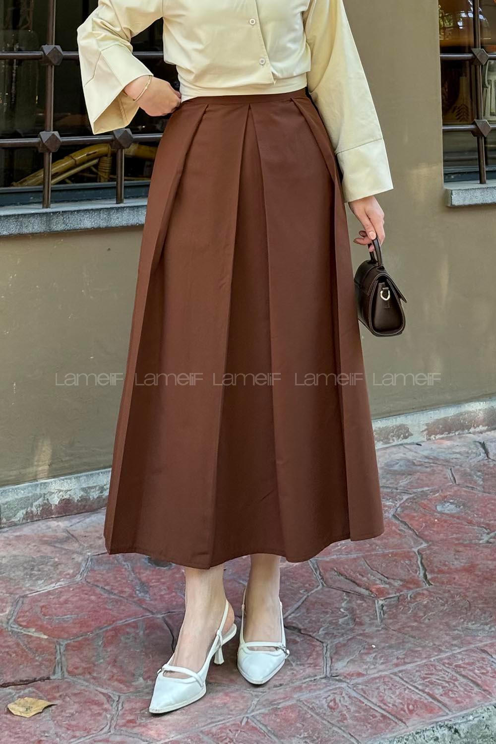 Lamelif Fermuarlı Tesettür Etek Acı kahve