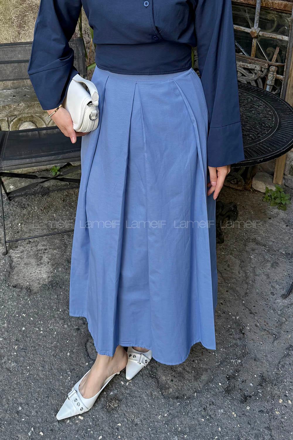 Lamelif Fermuarlı Tesettür Etek Gök Mavi