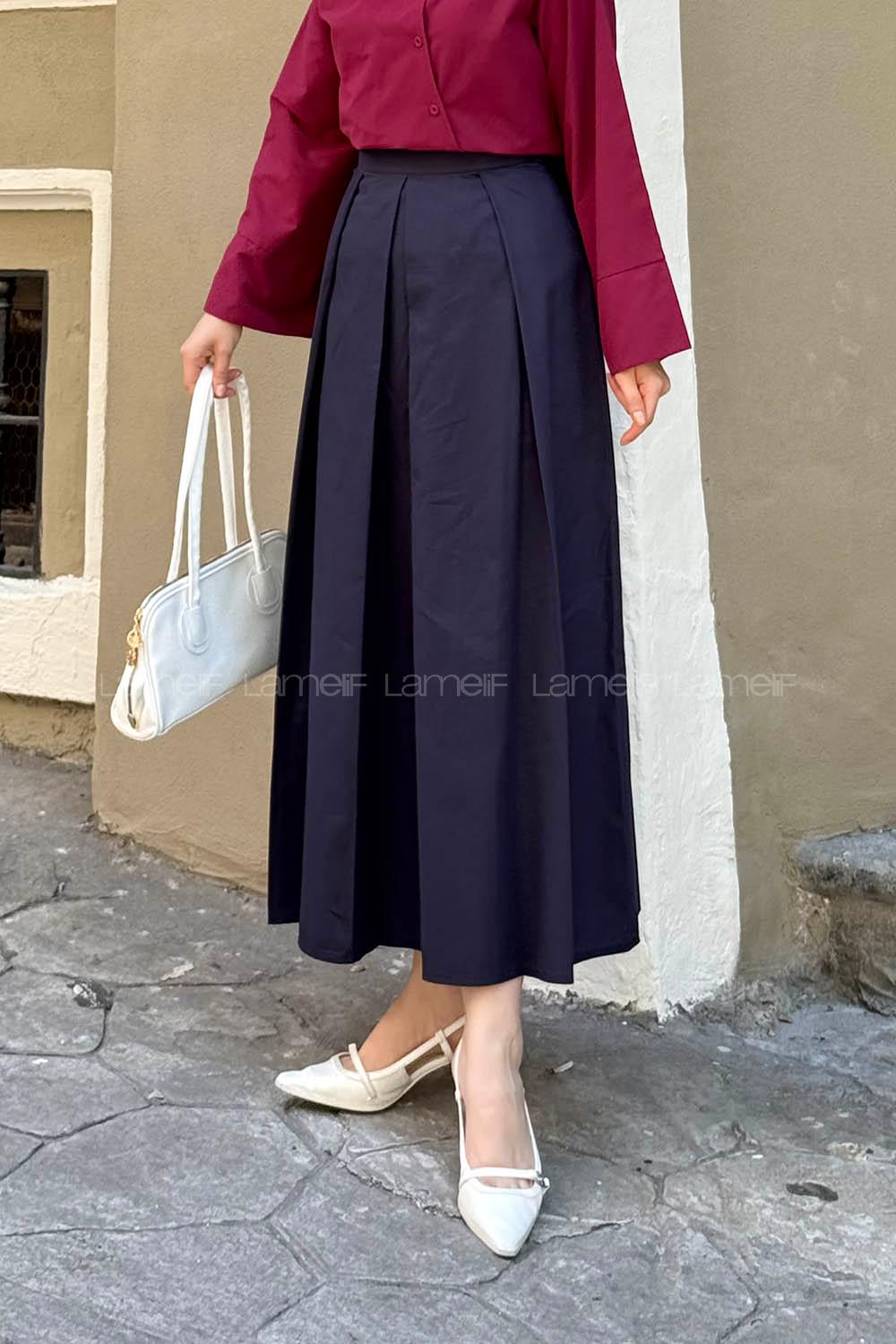 Lamelif Fermuarlı Tesettür Etek Lacivert