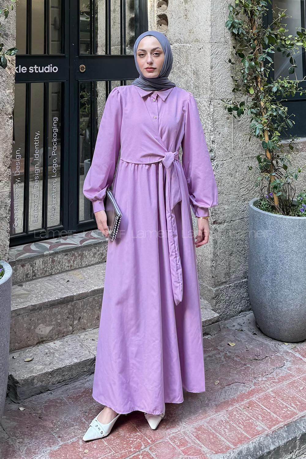 Lamelif Kuşaklı Terikoton Elbise Lila