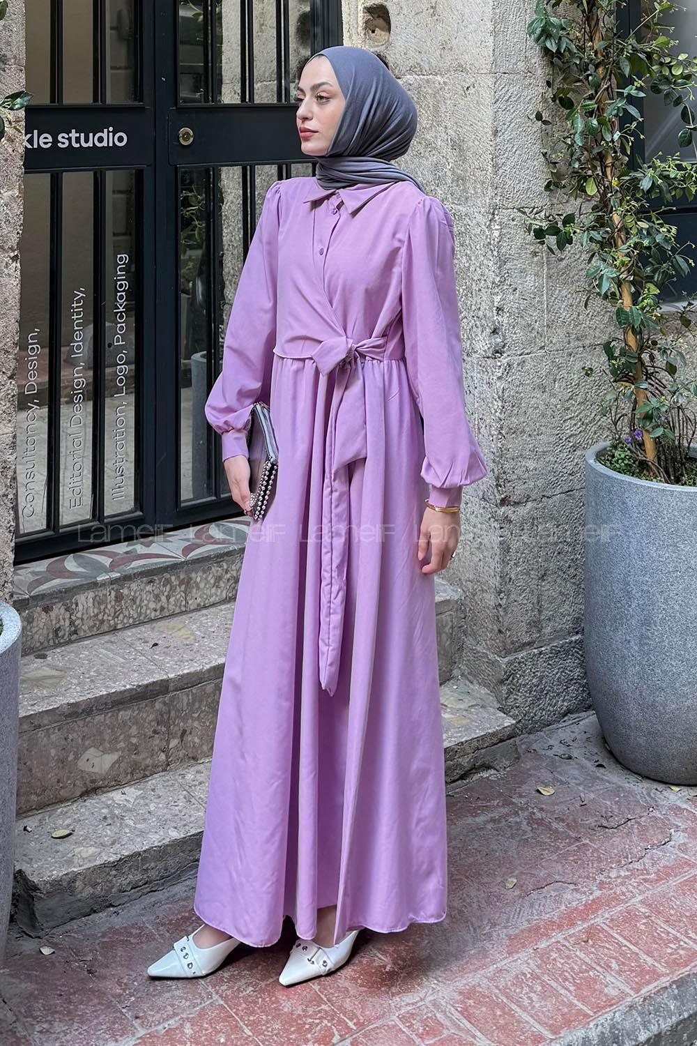 Lamelif Kuşaklı Terikoton Elbise Lila