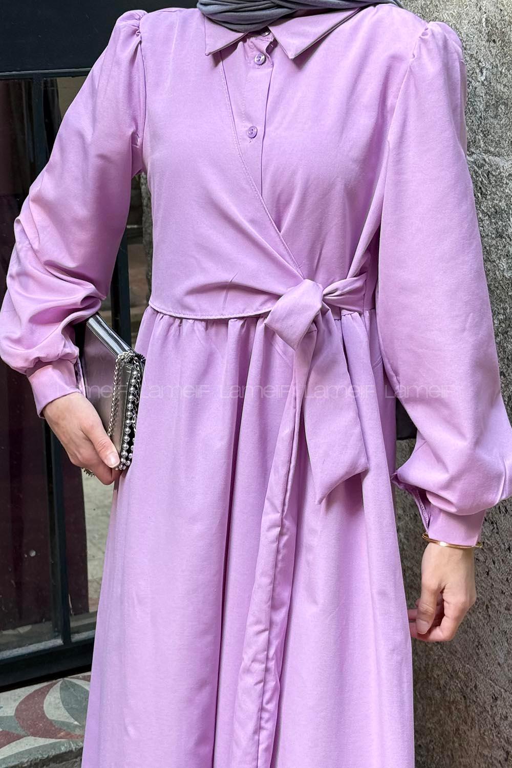 Lamelif Kuşaklı Terikoton Elbise Lila