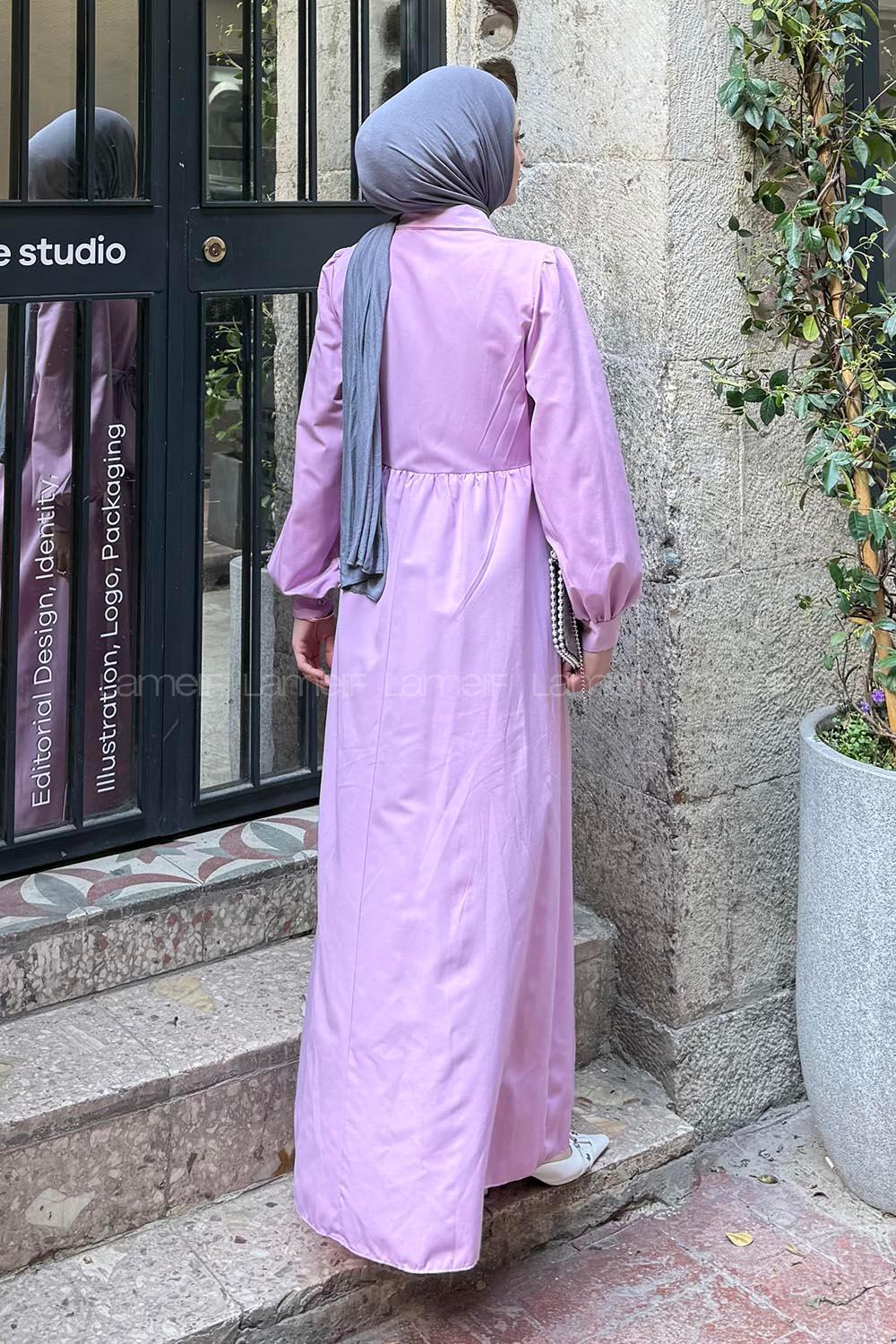 Lamelif Kuşaklı Terikoton Elbise Lila