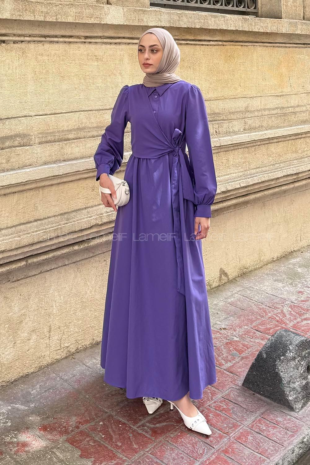 Lamelif Kuşaklı Terikoton Elbise Mor