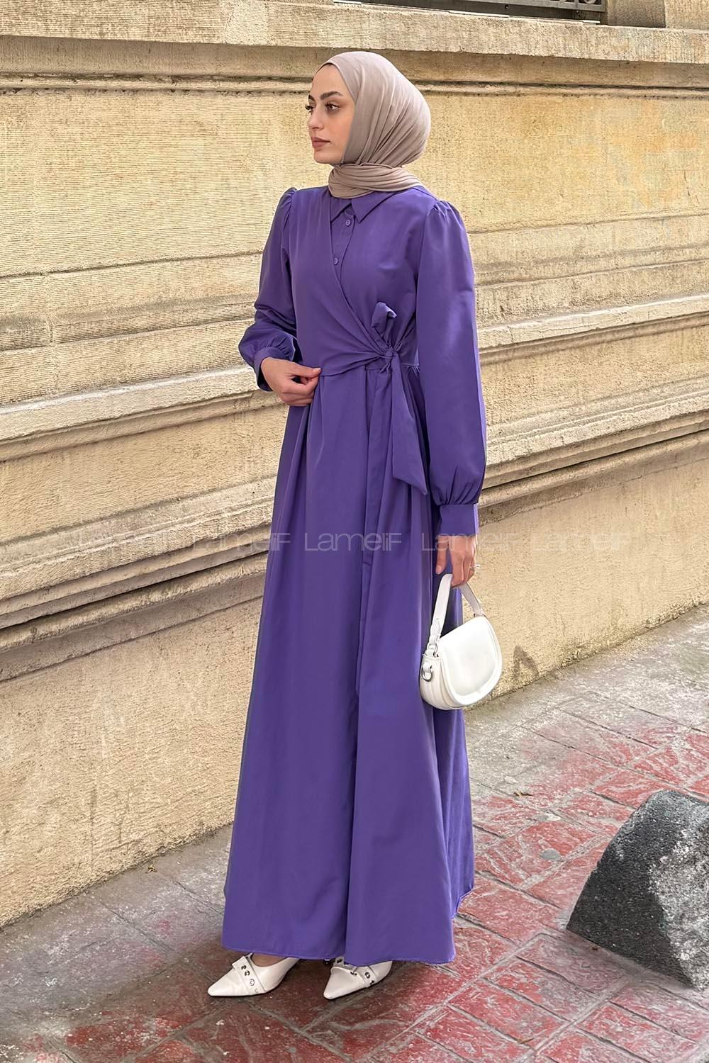 Lamelif Kuşaklı Terikoton Elbise Mor