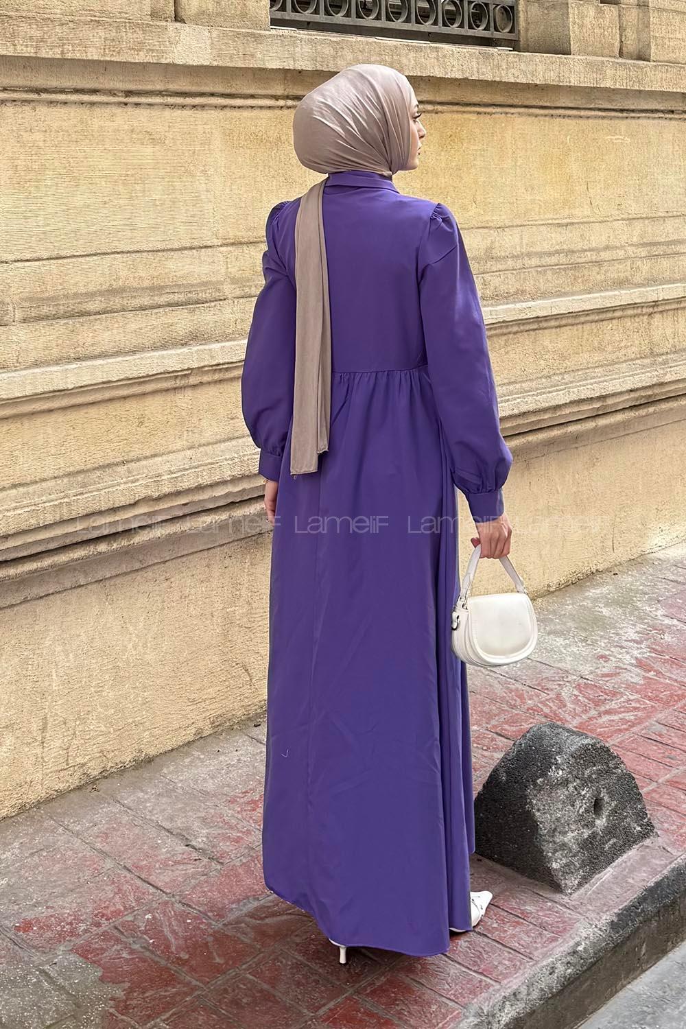 Lamelif Kuşaklı Terikoton Elbise Mor