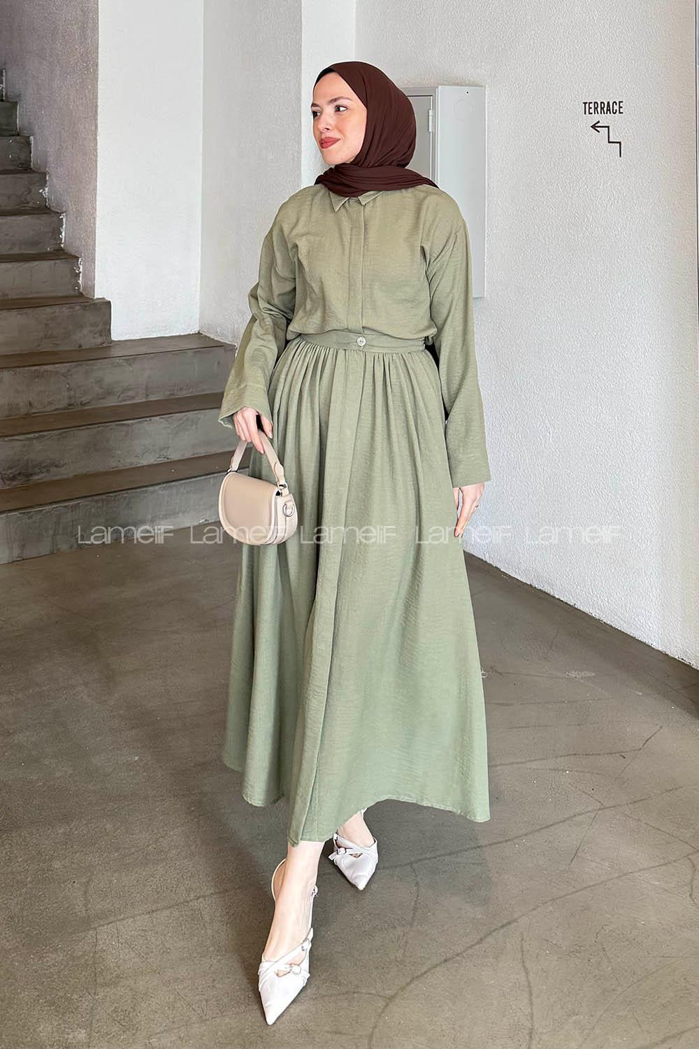 Lamelif Pera Keten Etekli Takım Haki