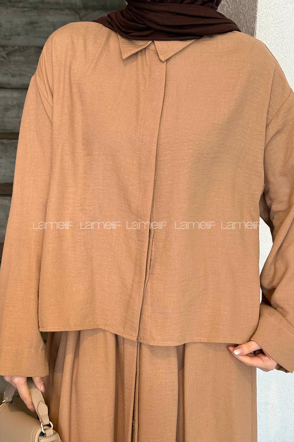 Cream Shirt Collar Long Arm Linen Flare Suit