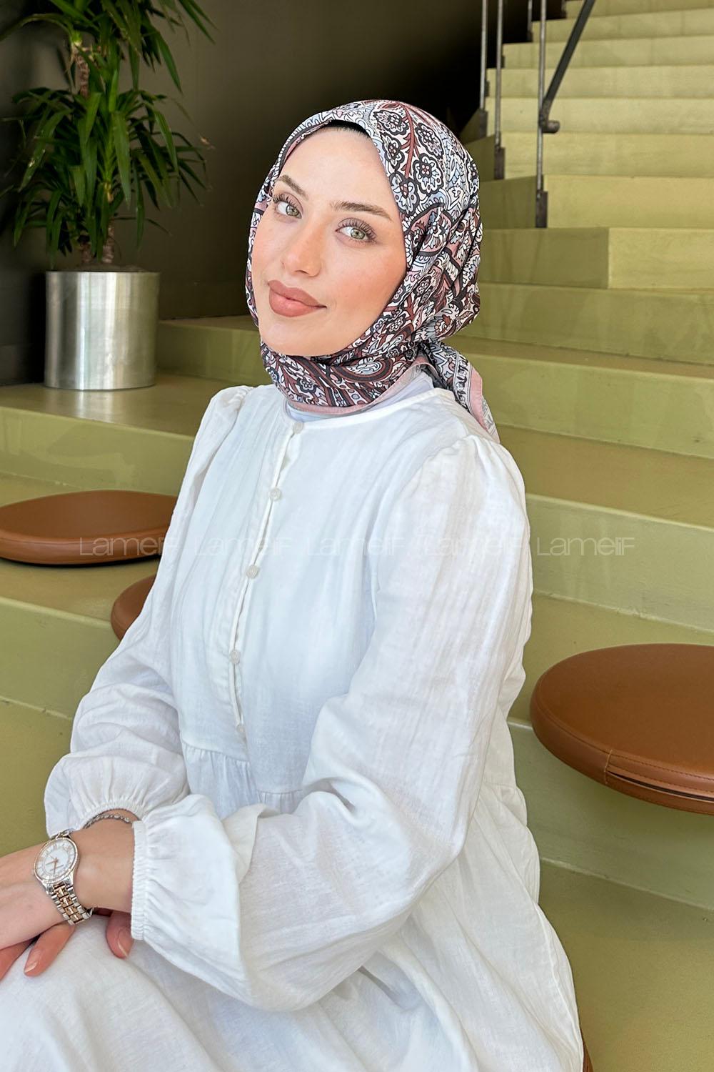 Lamelif Retro Desen Soft Eşarp Pudra Ekru