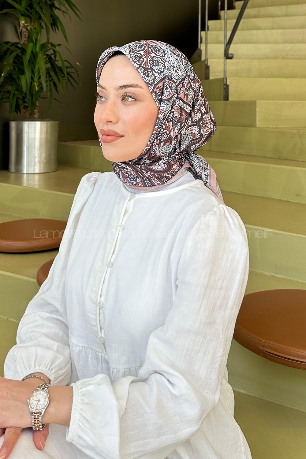 Lamelif Retro Desen Soft Eşarp Pudra Ekru