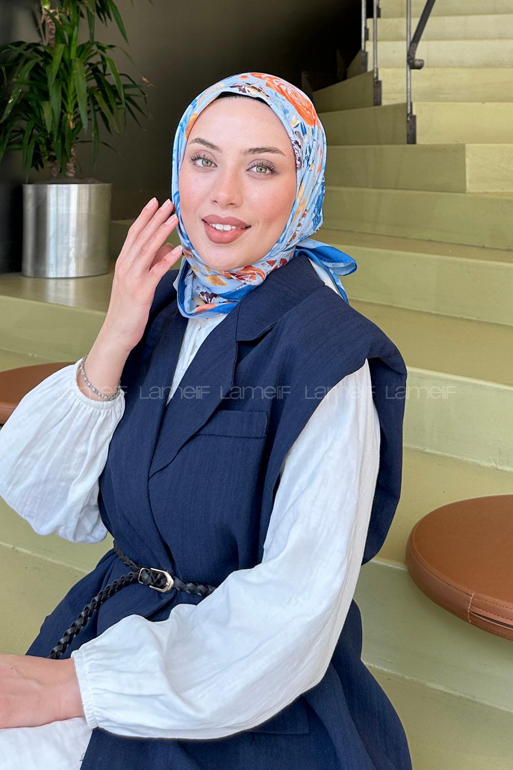 Lamelif Çiçek Desen Modal Eşarp Gök Mavi