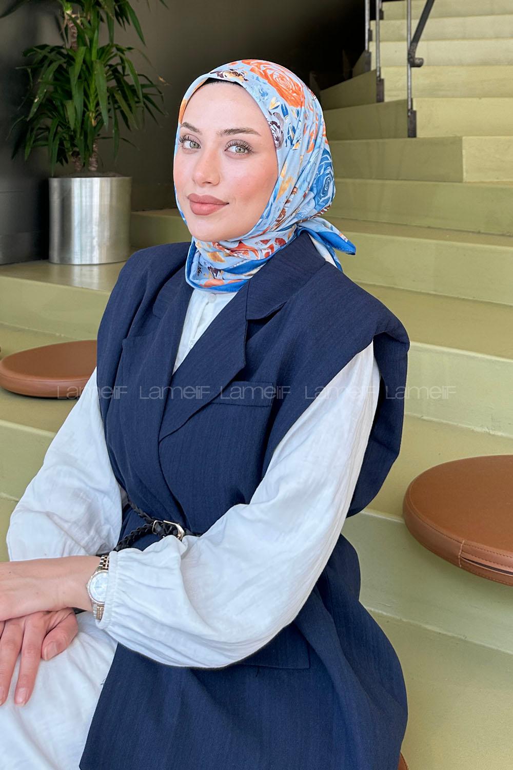 Lamelif Çiçek Desen Modal Eşarp Gök Mavi