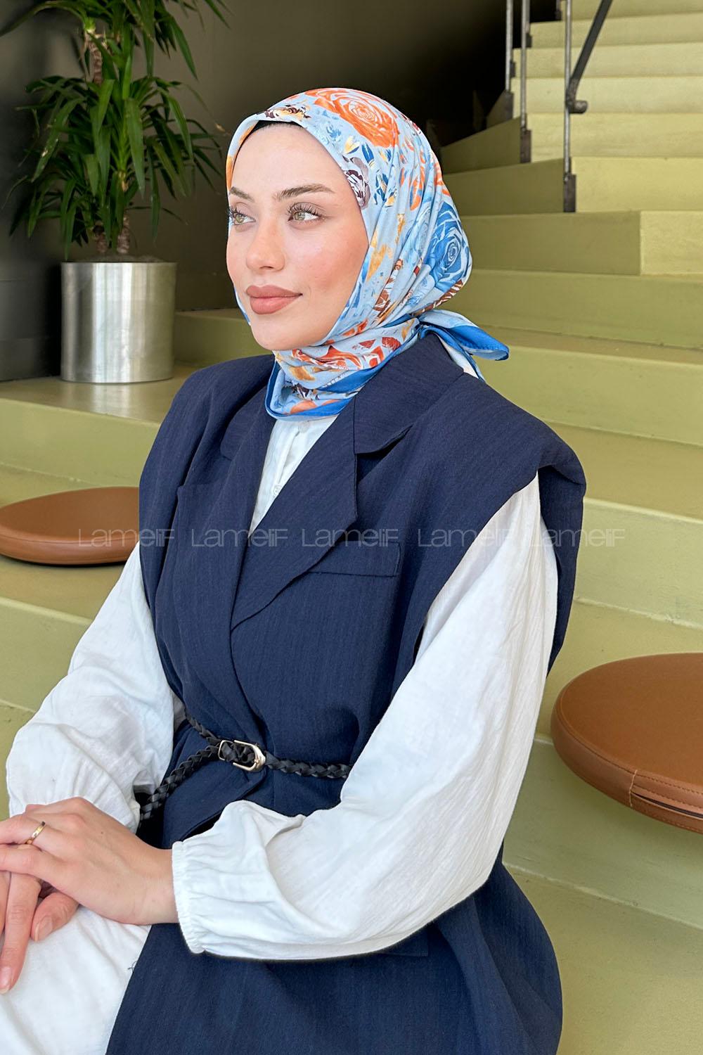 Lamelif Çiçek Desen Modal Eşarp Gök Mavi