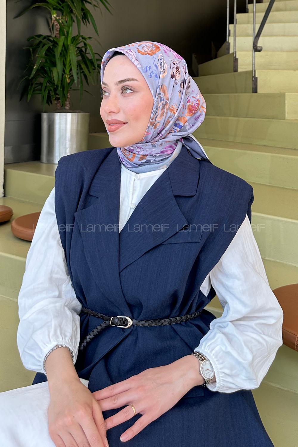 Gray Viscose Fabric Flowering Printed Scarf