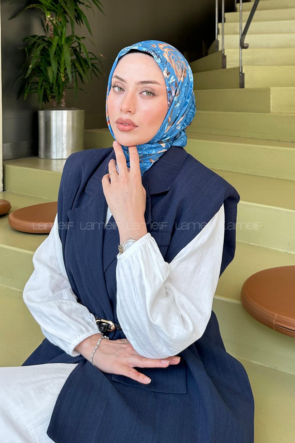 Lamelif Çiçek Desen Modal Eşarp Kot Mavisi