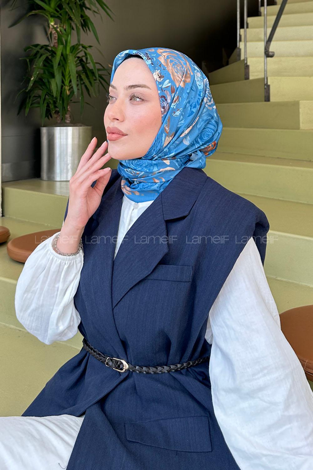 Lamelif Çiçek Desen Modal Eşarp Kot Mavisi
