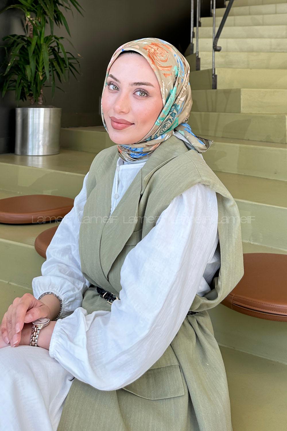 Lamelif Çiçek Desen Modal Eşarp Mint Yeşili