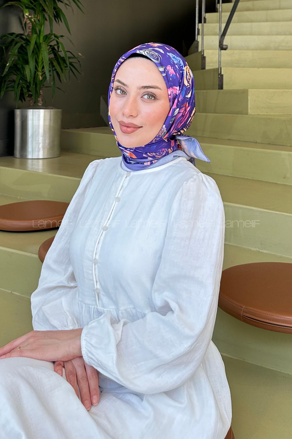 Lamelif Çiçek Desen Modal Eşarp Mor