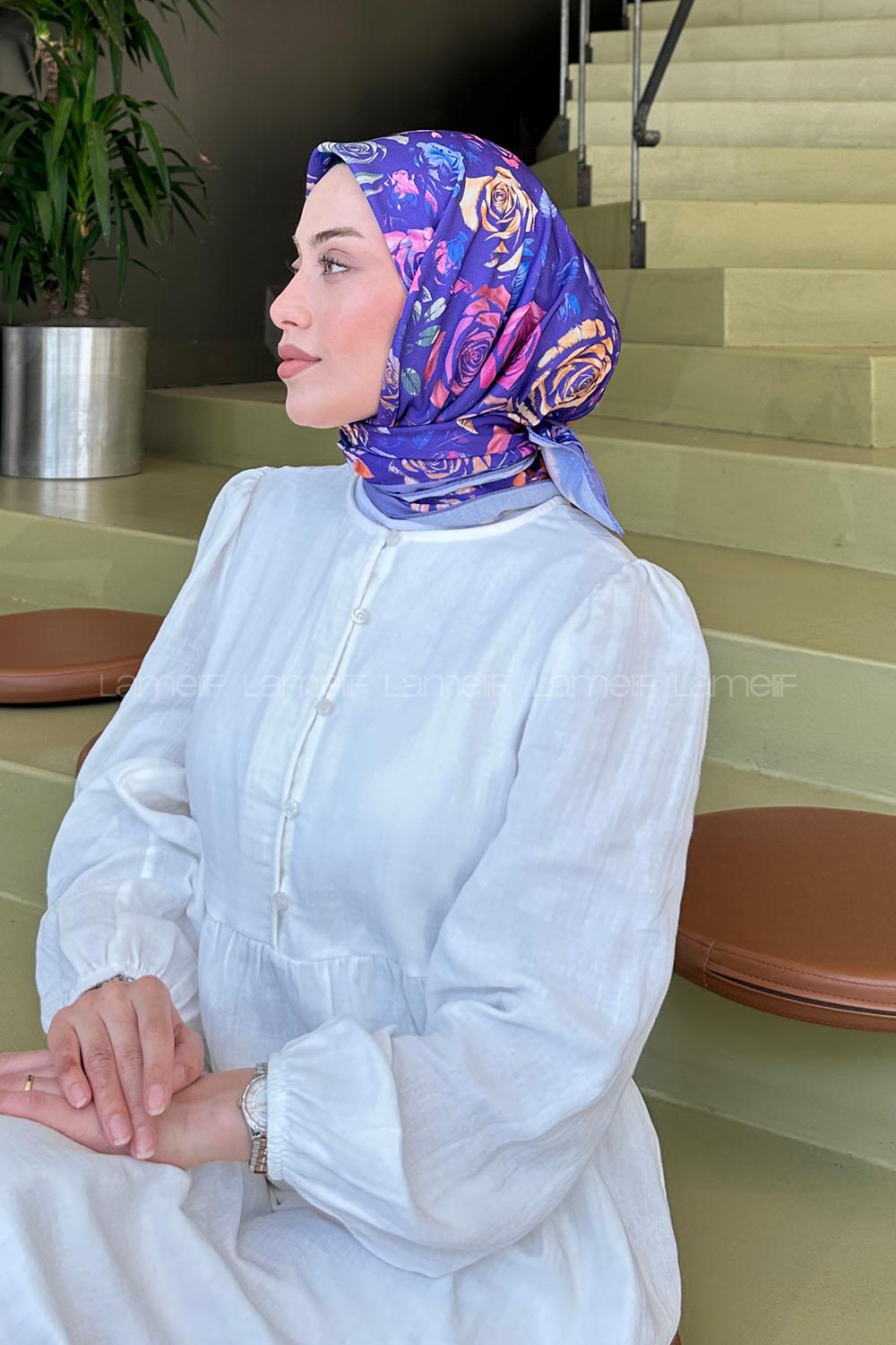 Lamelif Çiçek Desen Modal Eşarp Mor