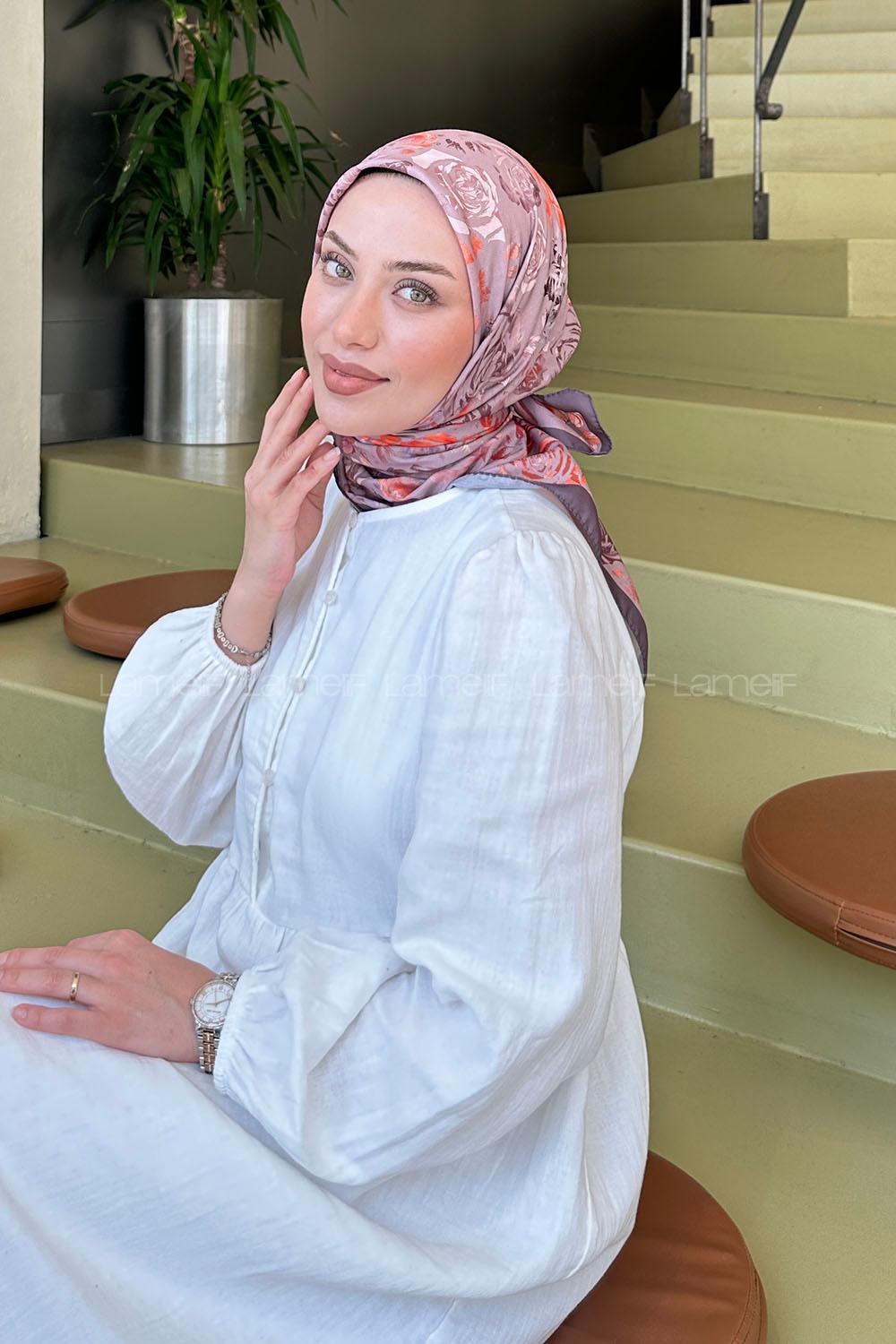 Lamelif Çiçek Desen Modal Eşarp Vizon