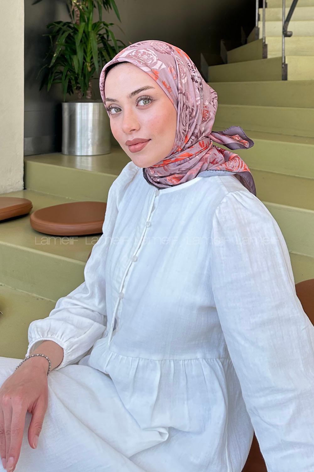 Lamelif Çiçek Desen Modal Eşarp Vizon