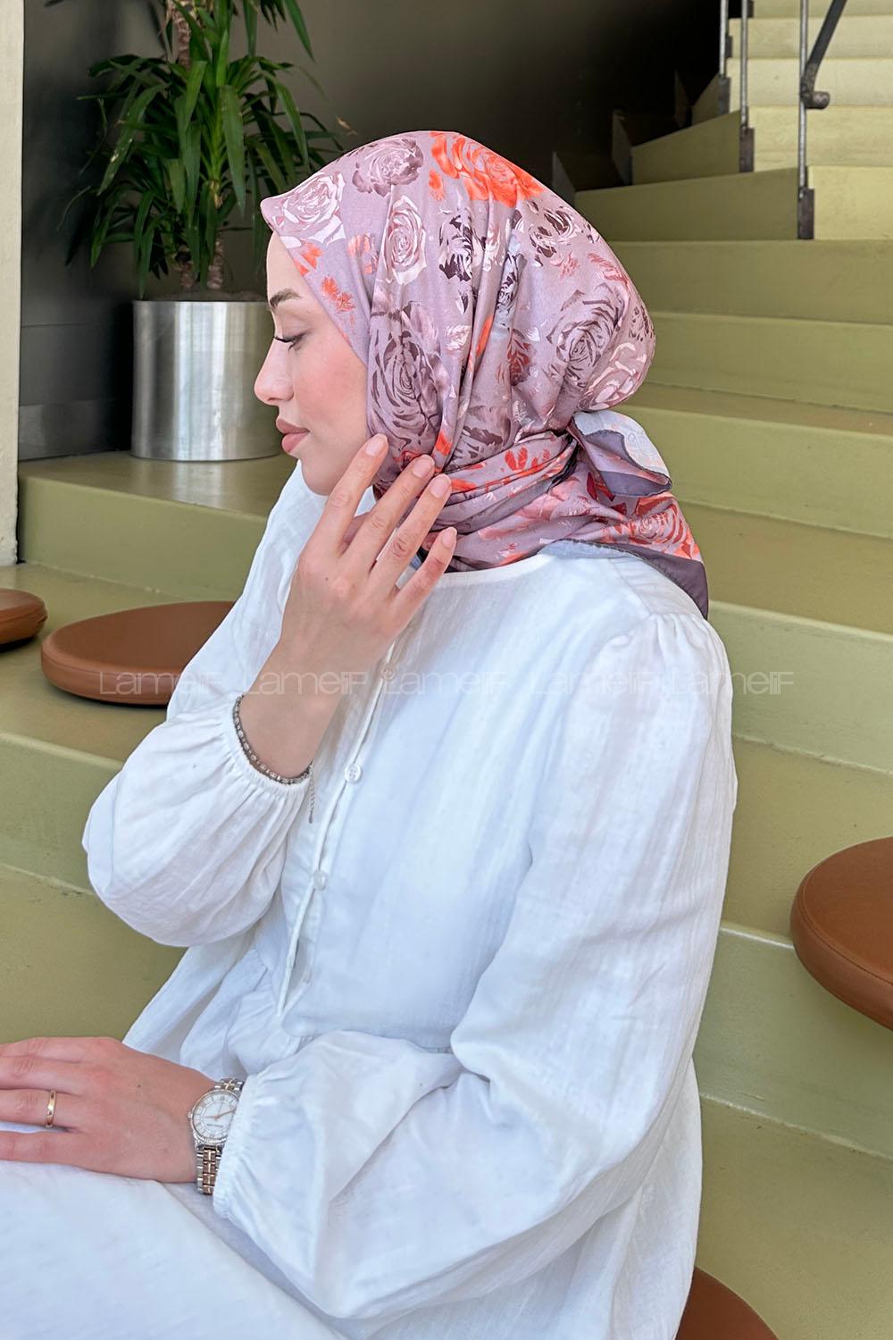Lamelif Çiçek Desen Modal Eşarp Vizon