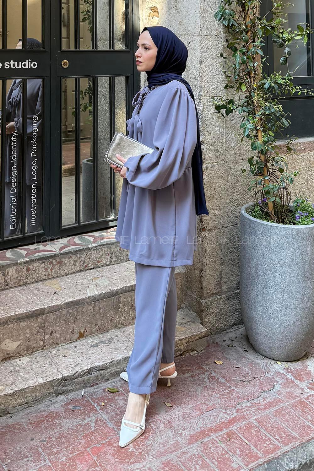 Lamelif Ön Bağlama Tunik İkili Tesettür Takım Gri