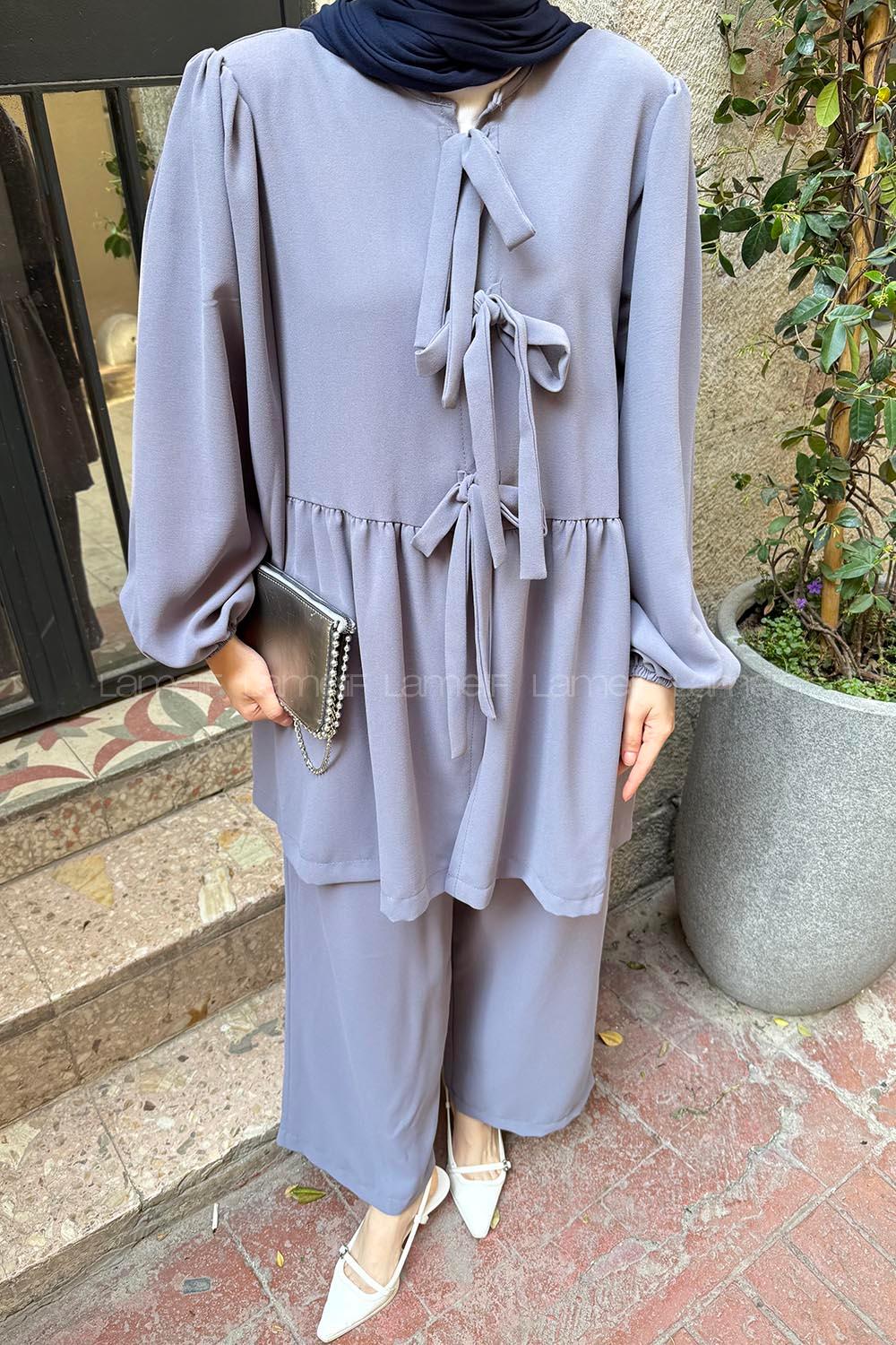 Lamelif Ön Bağlama Tunik İkili Tesettür Takım Gri