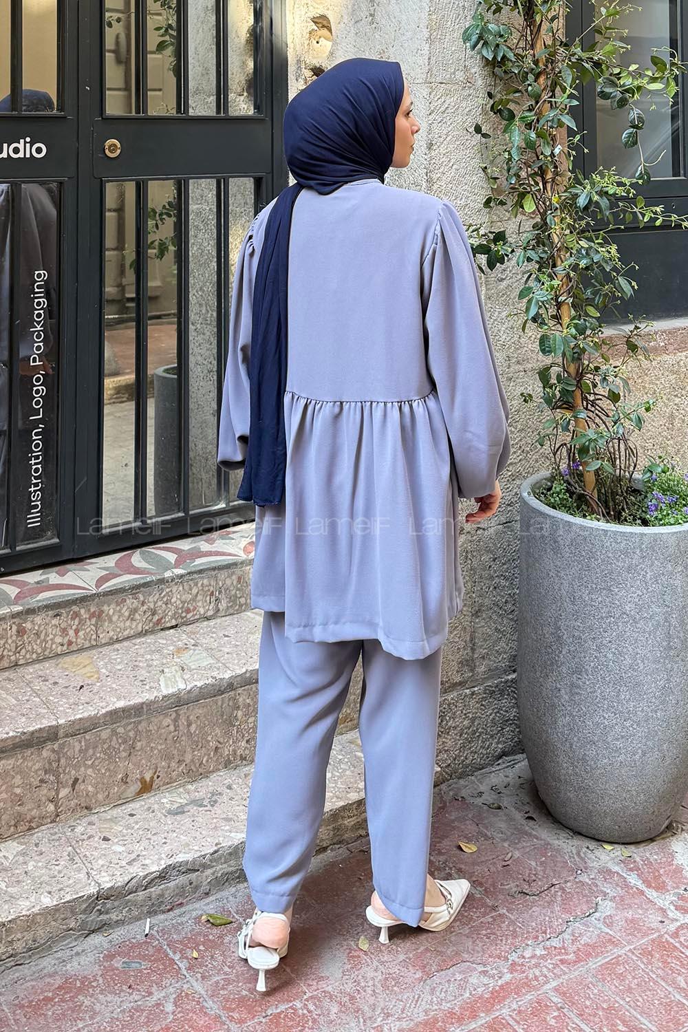 Lamelif Ön Bağlama Tunik İkili Tesettür Takım Gri