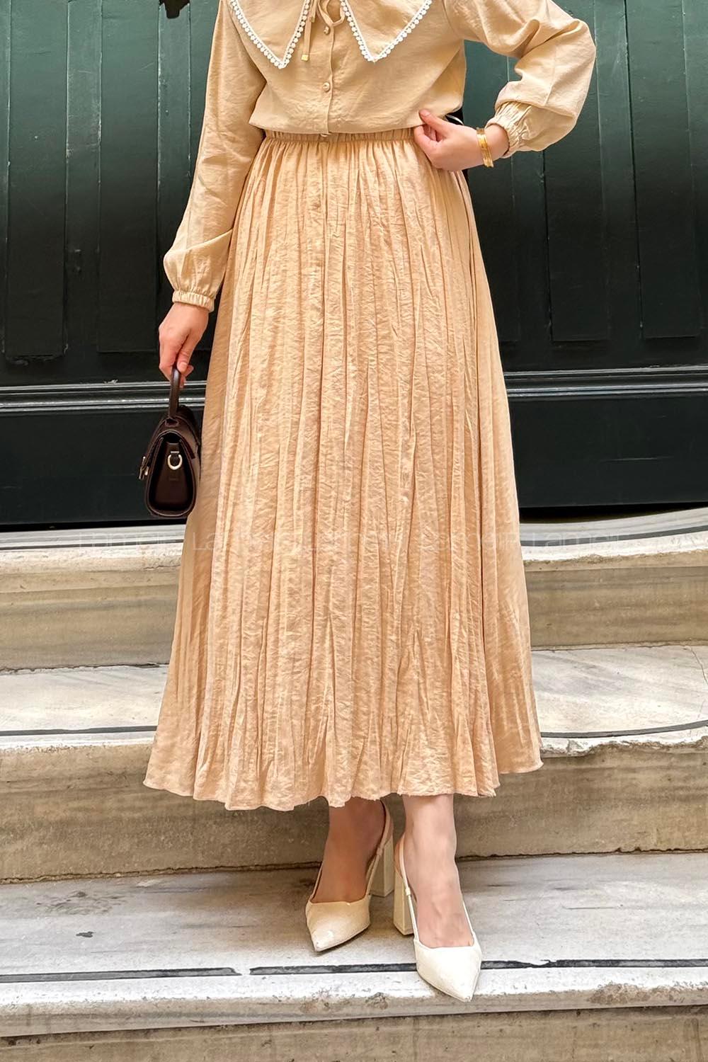 Lamelif Poplin Kraşlı Tesettür Etek Bej