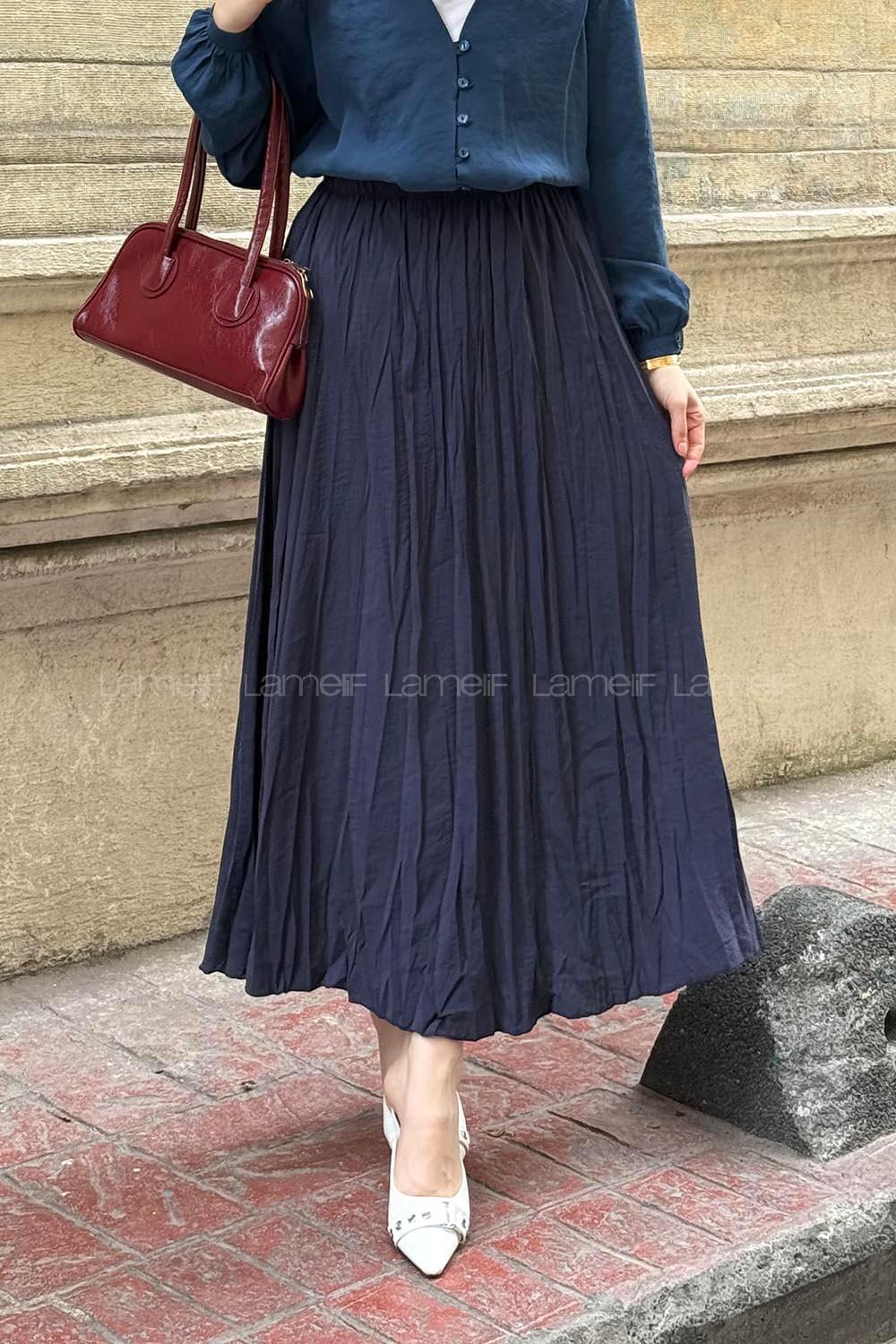 Lamelif Poplin Kraşlı Tesettür Etek Lacivert