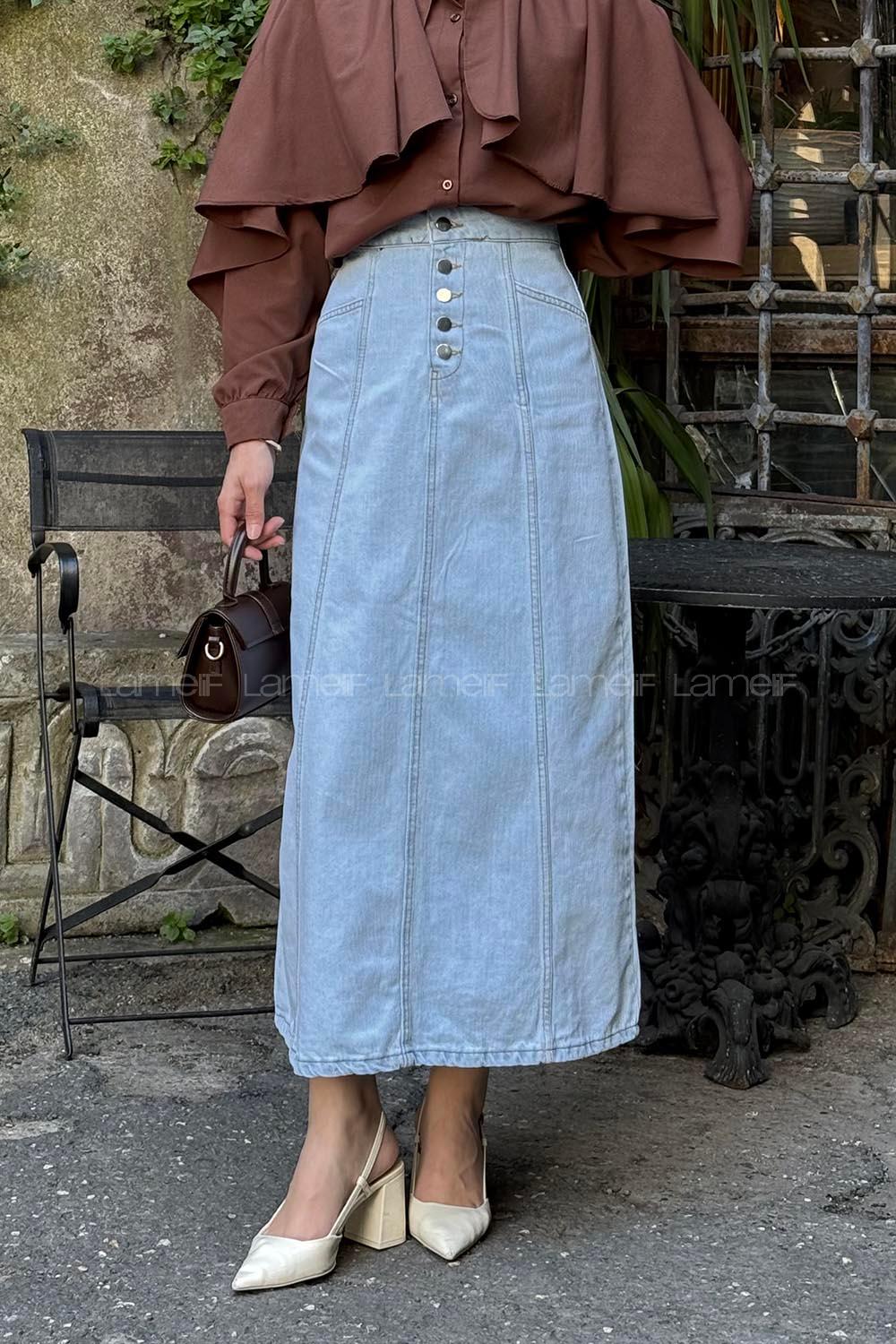 Lamelif Düğme Detaylı Kuplu Tesettür Kot Etek Açık Mavi