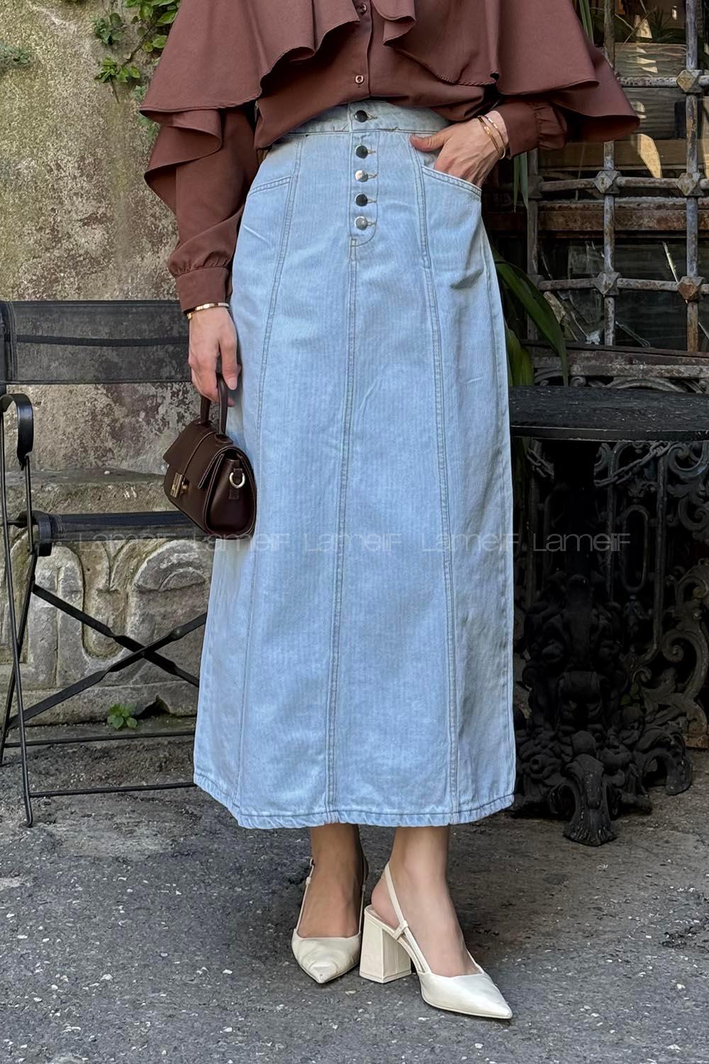 Lamelif Düğme Detaylı Kuplu Tesettür Kot Etek Açık Mavi