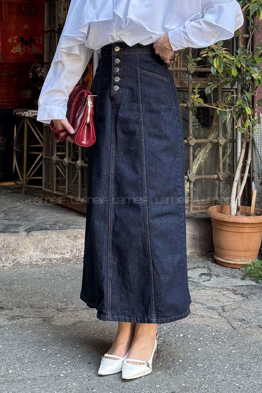 Lamelif Düğme Detaylı Kuplu Tesettür Kot Etek Kot Mavisi