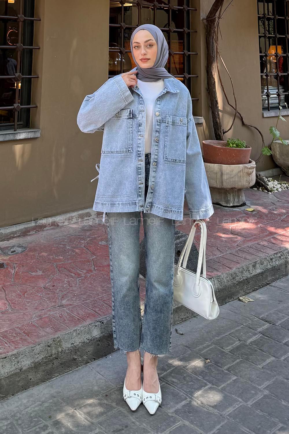 Lamelif Yanları İp detaylı Kot Ceket Buz Mavisi