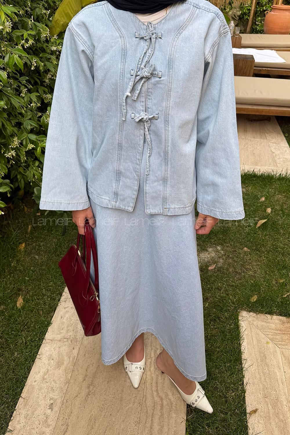 Lamelif Bağcık Detaylı Denim Takım Buz Mavisi