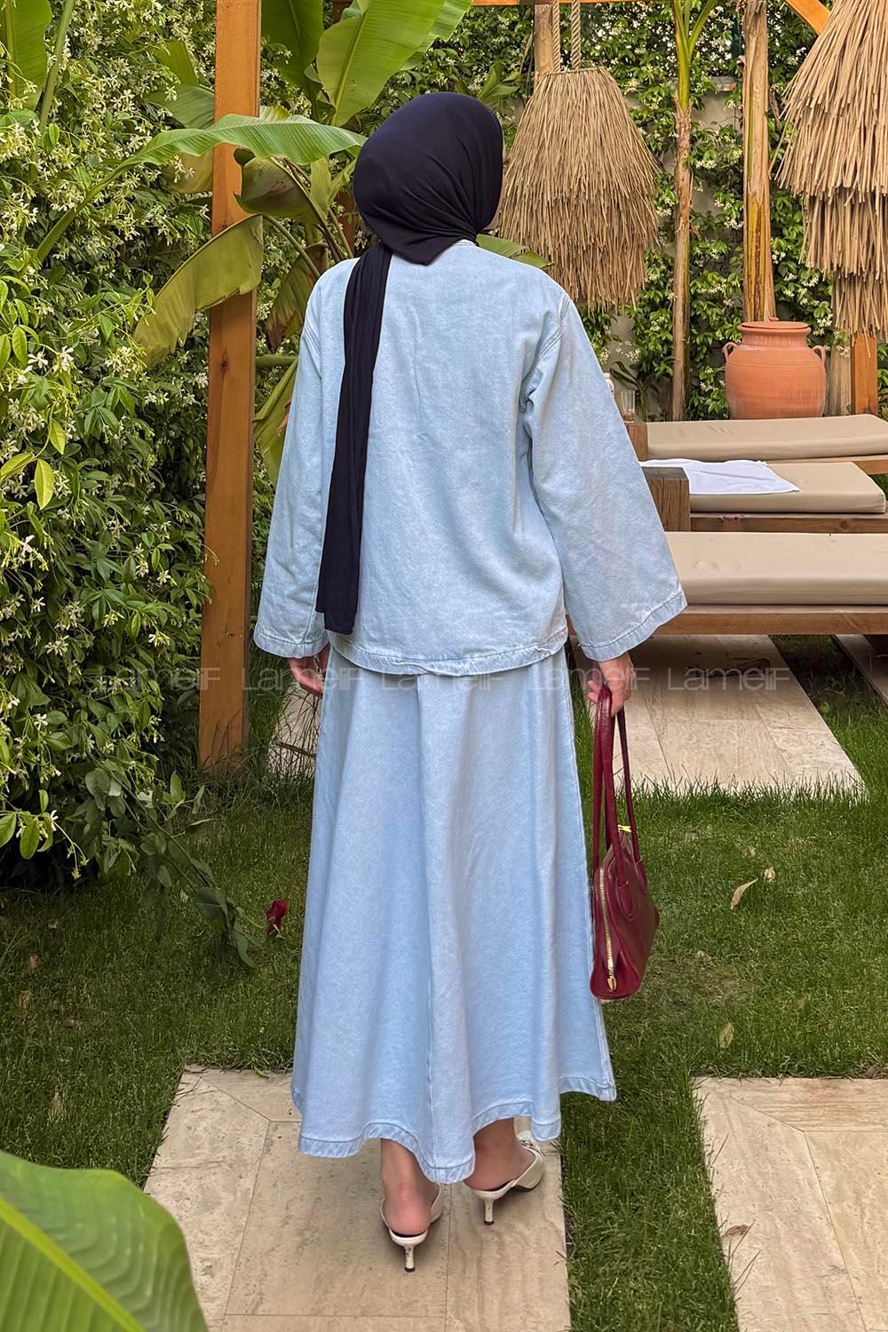 Lamelif Bağcık Detaylı Denim Takım Buz Mavisi