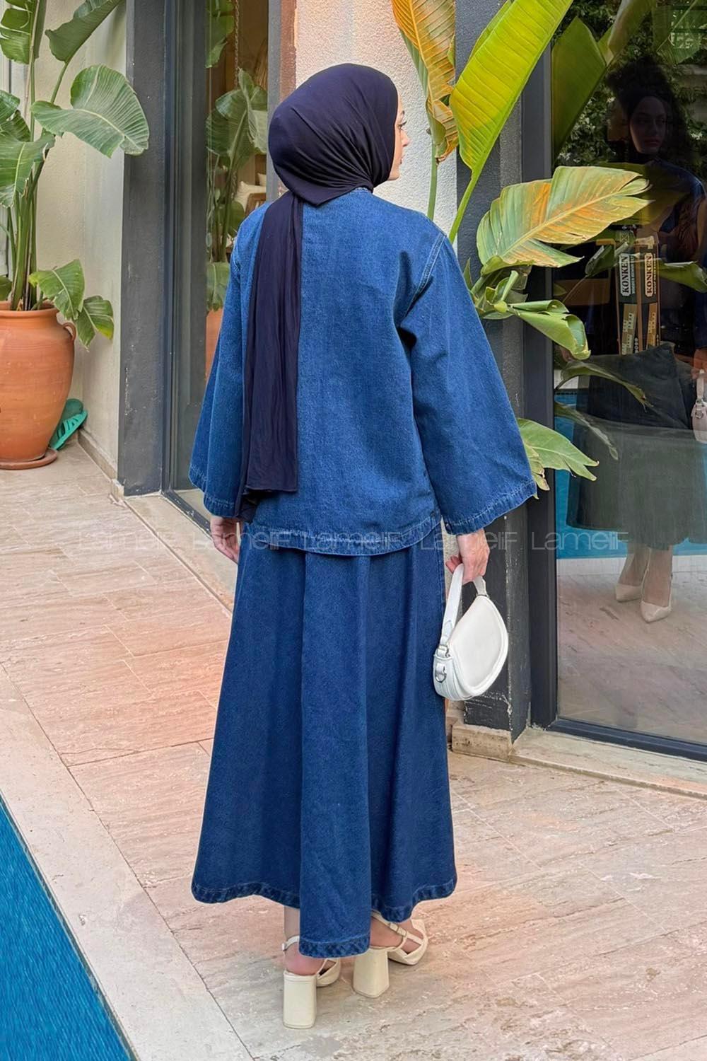 Lamelif Bağcık Detaylı Denim Takım Koyu Mavi