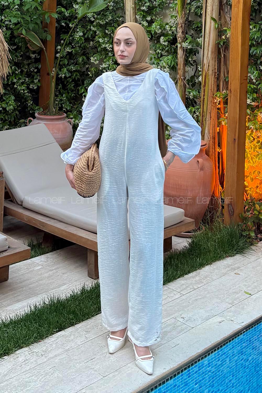 Lamelif Çift Cepli Tulum Beyaz