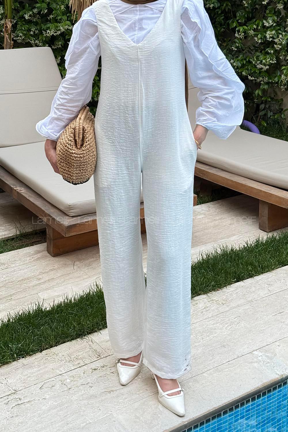 Lamelif Çift Cepli Tulum Beyaz