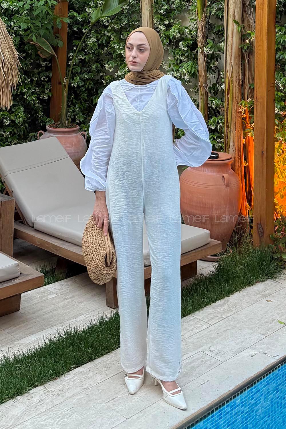Lamelif Çift Cepli Tulum Beyaz