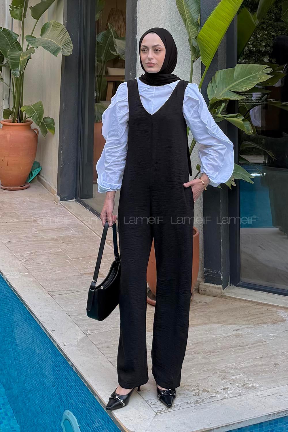 Lamelif Çift Cepli Tulum Siyah